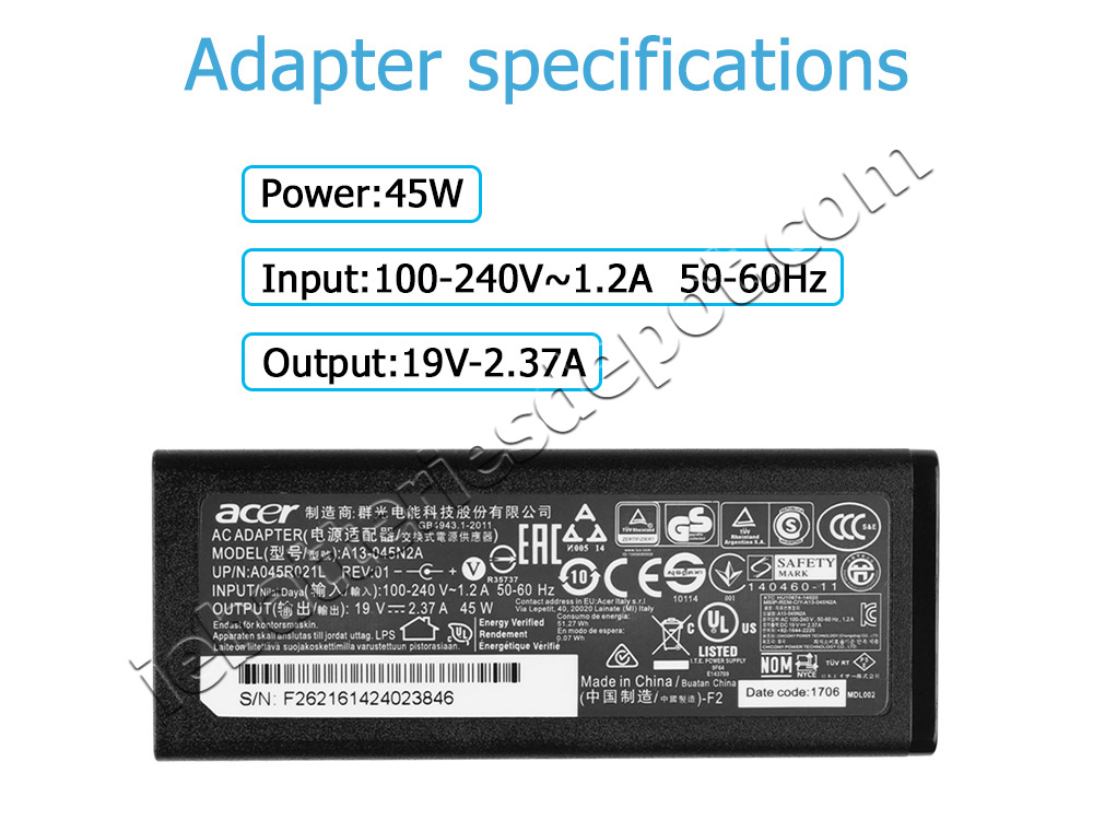 Original 45W Acer Aspire 3 A314-21 Adapter Charger + Power Cord